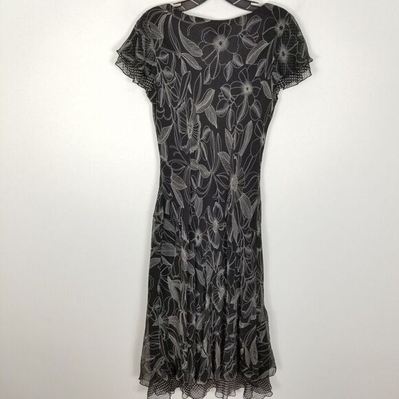 Talbots Women Pure Silk Floral Midi Dress Sz 10 Black Gray Cap Sleeve Fairy - Picture 4 of 8